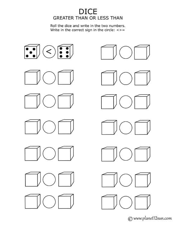 dice worksheet less than greater than